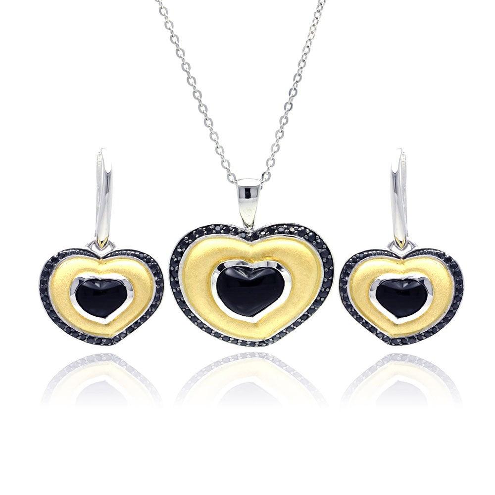 Closeout-Silver 925 Rhodium Black Rhodium and Gold Plated Heart Black CZ Stud Earring and Necklace Set - BGS00126