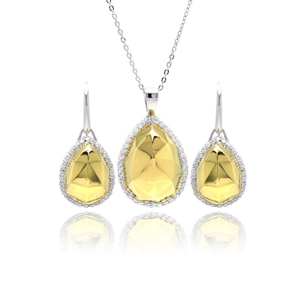 Closeout-Silver 925 Rhodium and Gold Plated Clear Hammered Teardrop CZ Leverback Earring and Necklace Set - BGS00127