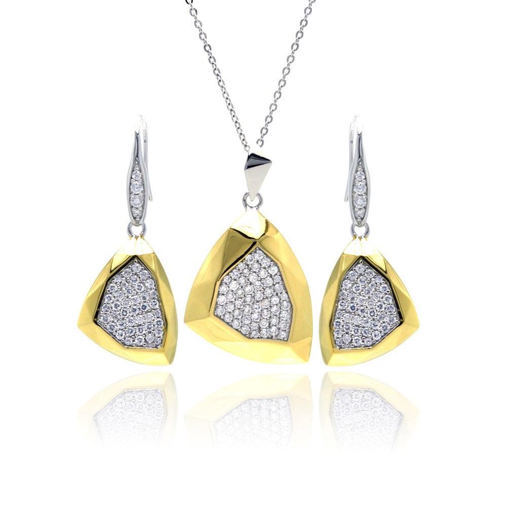 Silver 925 Rhodium and Gold Plated Hammered Triangle Clear Pave Set CZ Leverback Earring and Necklace Set - BGS00128