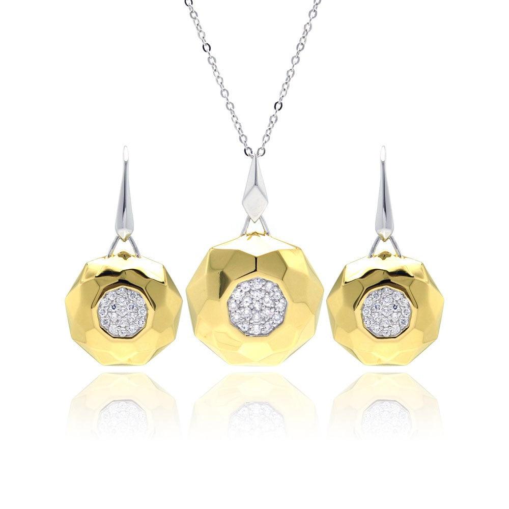 Silver 925 Rhodium and Gold Plated Hammered Circle Clear Pave Set CZ Leverback Earring and Necklace Set - BGS00129