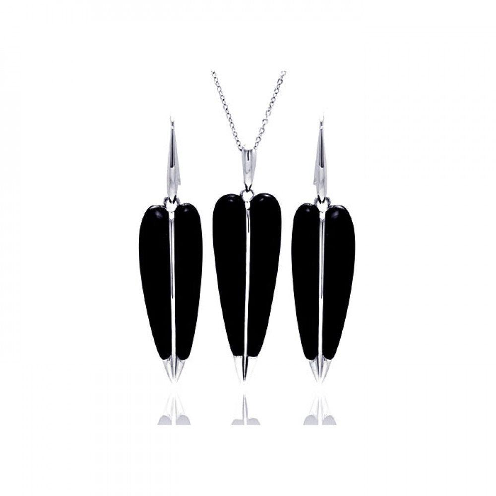 Closeout-Silver 925 Rhodium Plated Pointed Black Onyx Hook Earring and Necklace Set - BGS00133