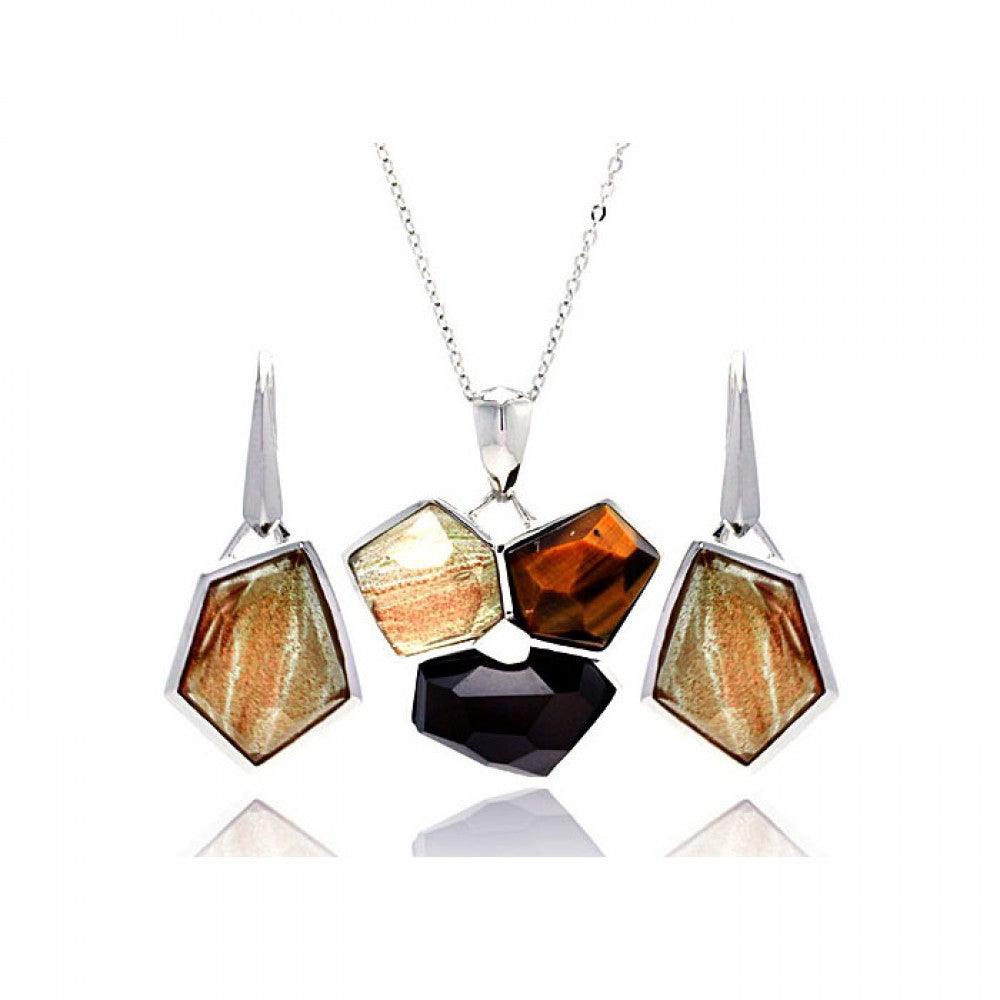 Closeout-Silver 925 Rhodium Plated Multi Colored Stone Leverback Earring and Necklace Set - BGS00134