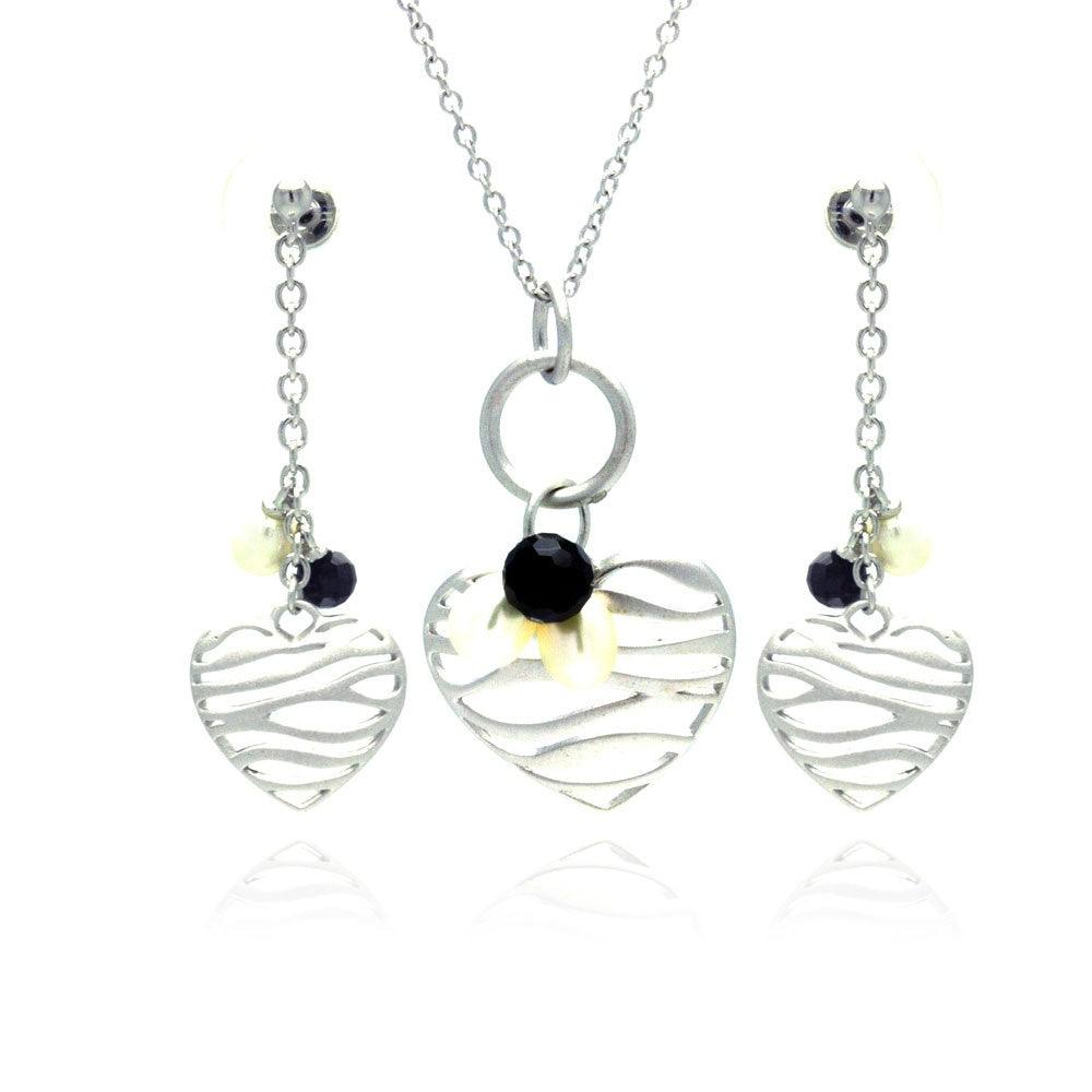 Closeout-Silver 925 Rhodium Plated Open Stripe Heart Fresh Water Pearl Black CZ Dangling Matching Set - BGS00137