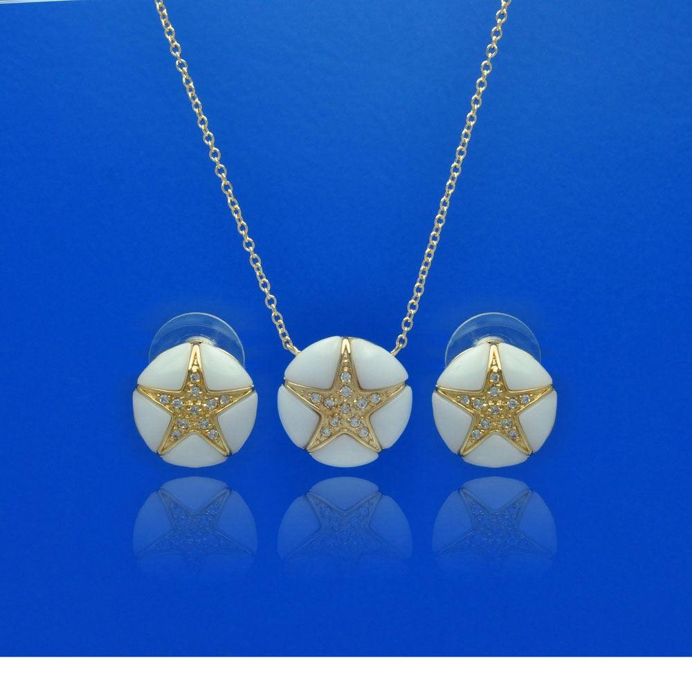 Closeout-Silver 925 Gold Plated White Onyx Clear Star CZ Stud Earring and Necklace Set - BGS00141