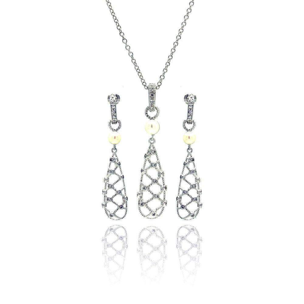 Silver 925 Rhodium Plated Fishnet Drop Pearl Clear CZ Dangling Stud Earring and Dangling Necklace Set - BGS00143