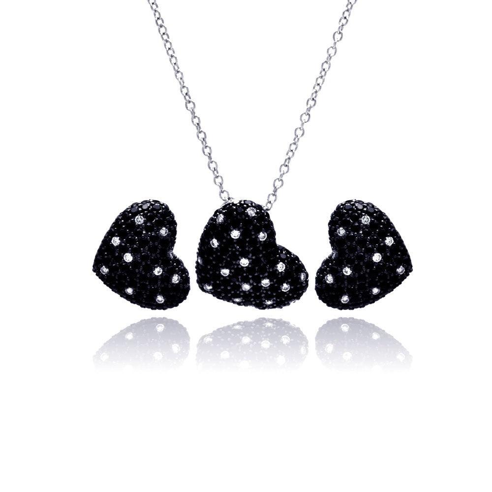 Closeout-Silver 925 Black Rhodium Plated Clear and Black Pave Set Heart CZ Stud Earring and Necklace Set - BGS00148