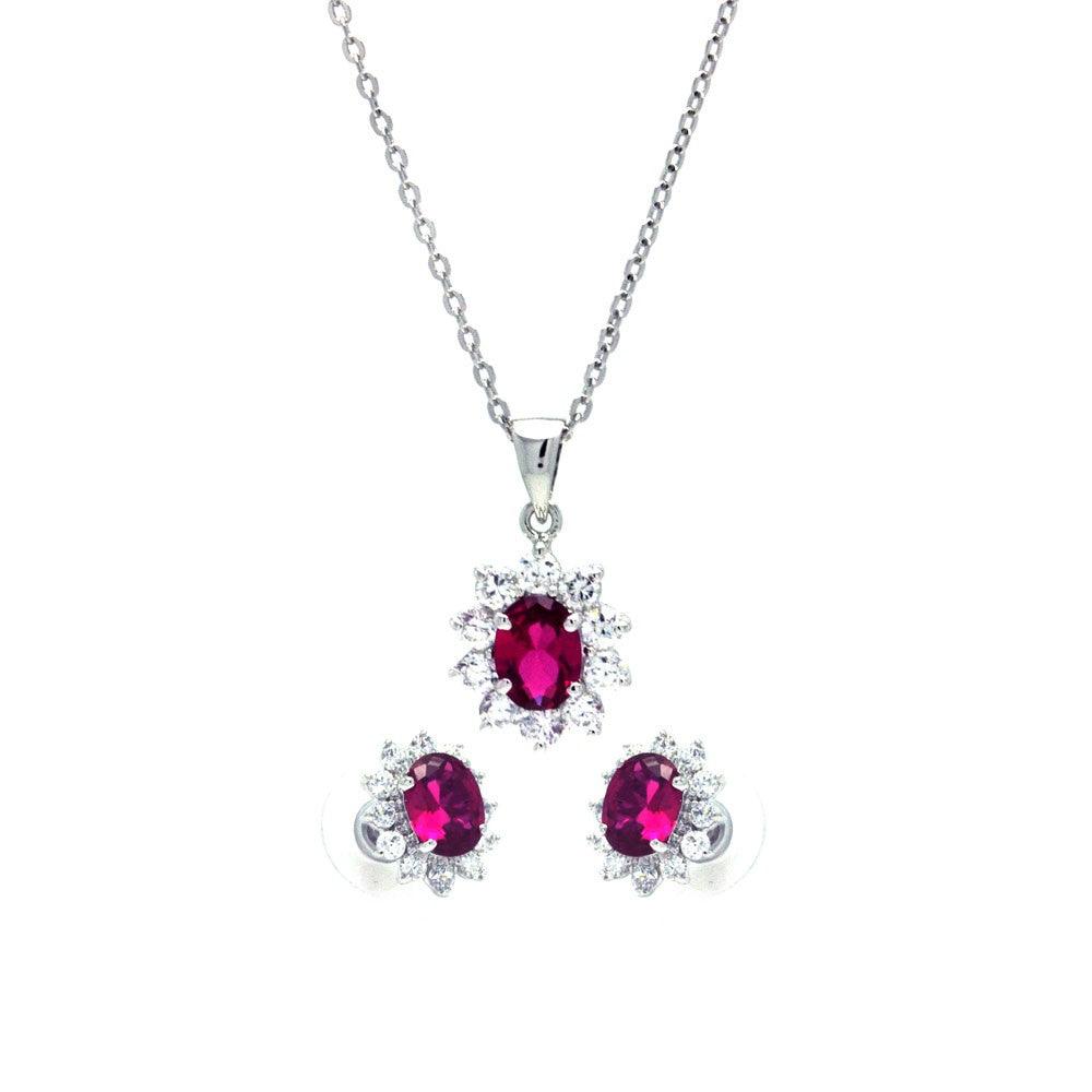 Silver 925 Rhodium Plated Red and Clear Cluster Flower CZ Stud Earring and Dangling Necklace Set - BGS00159