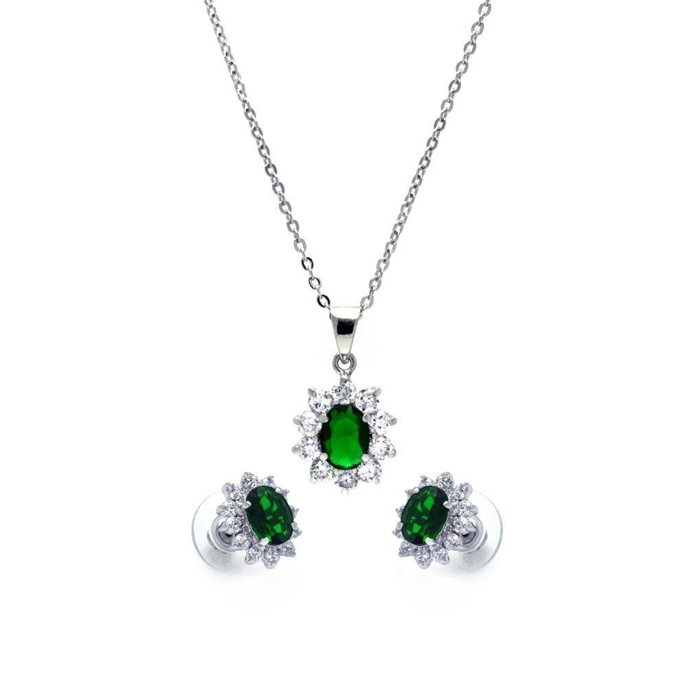 Silver 925 Rhodium Plated Green and Clear Cluster Flower CZ Stud Earring and Dangling Necklace Set - BGS00162