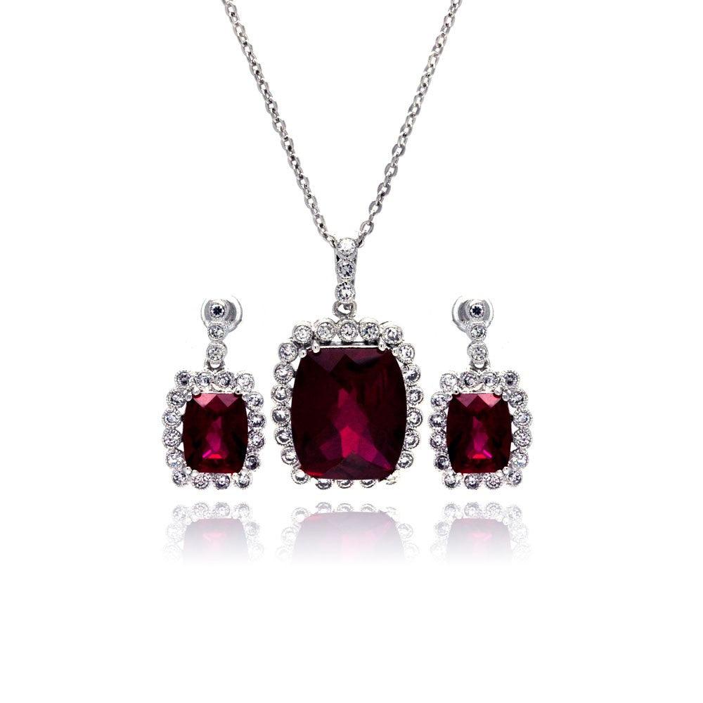 Silver 925 Rhodium Plated Red and Clear Rectangular CZ Dangling Stud Earring and Dangling Necklace Set - BGS00163