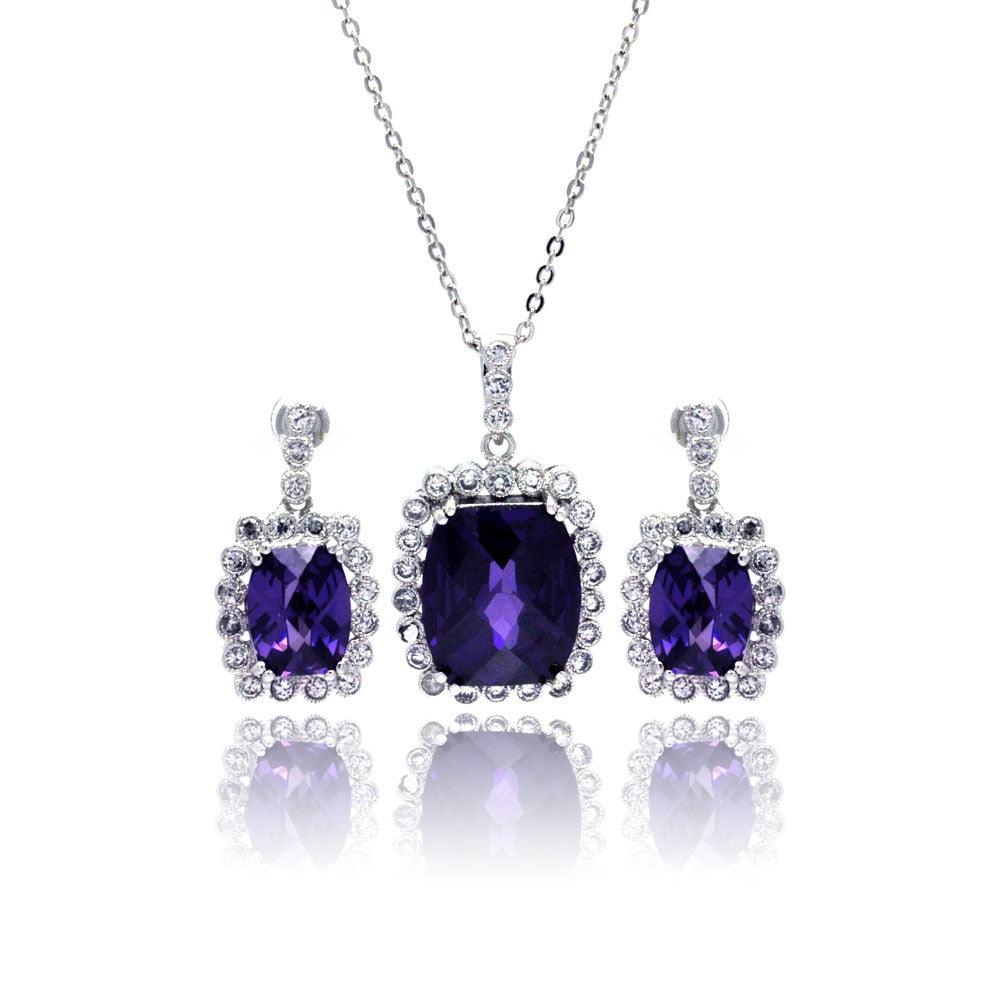 Silver 925 Rhodium Plated Purple and Clear Rectangular CZ Dangling Stud Earring and Necklace Set - BGS00164