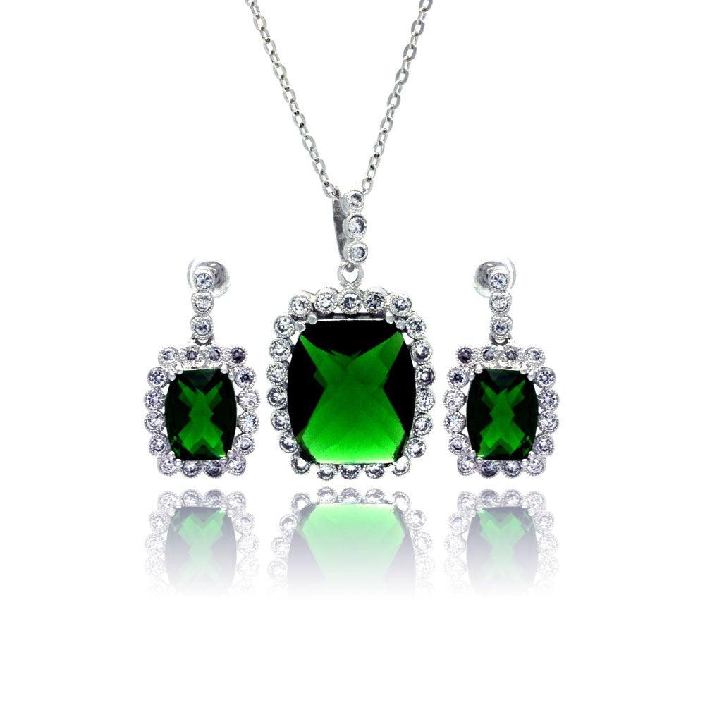 Silver 925 Rhodium Plated Green and Clear Rectangular CZ Dangling Stud Earring and Necklace Set - BGS00166