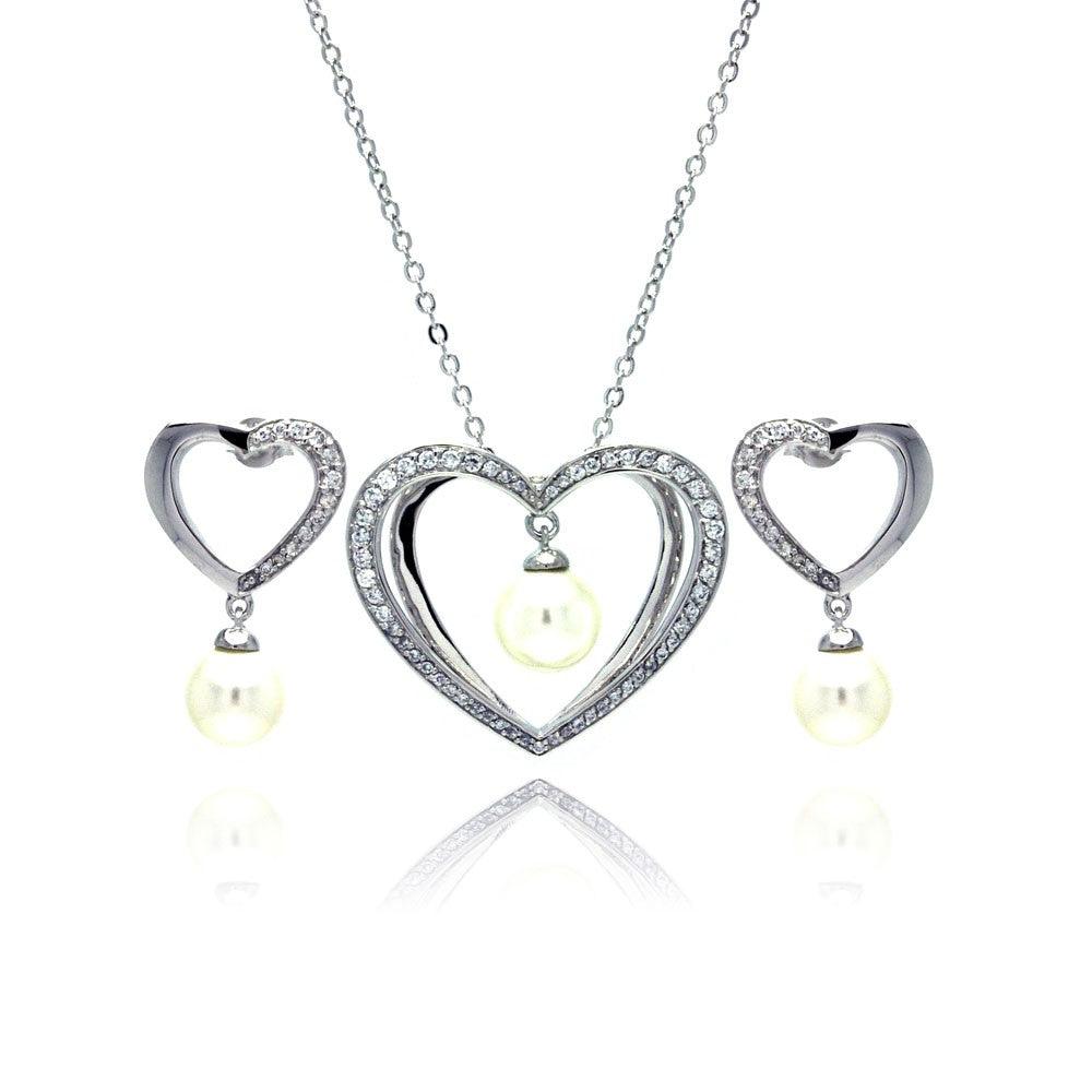 Silver 925 Rhodium Plated Hanging Pearl Open Heart Clear CZ Stud Earring and Necklace Set - BGS00167