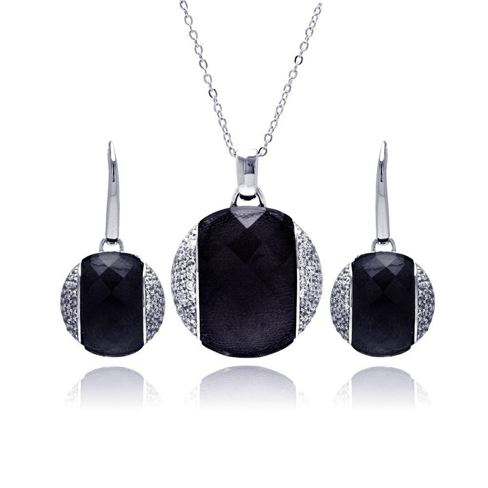 Closeout-Silver 925 Rhodium Plated Black Onyx Clear Disc CZ Leverback Earring and Necklace Set - BGS00168