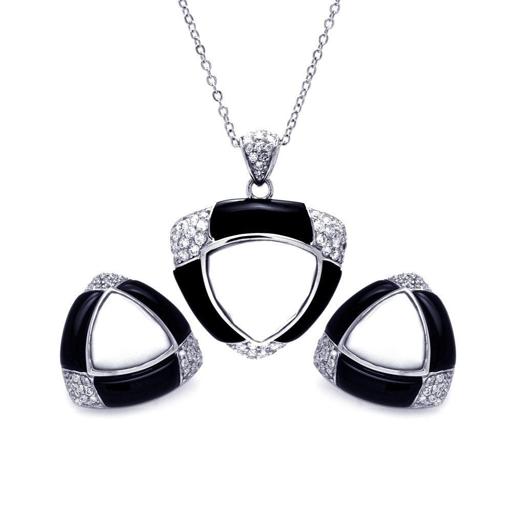 Closeout-Silver 925 Rhodium Plated Black and White Onyx Triangle Clear CZ Stud Earring and Necklace Set - BGS00170