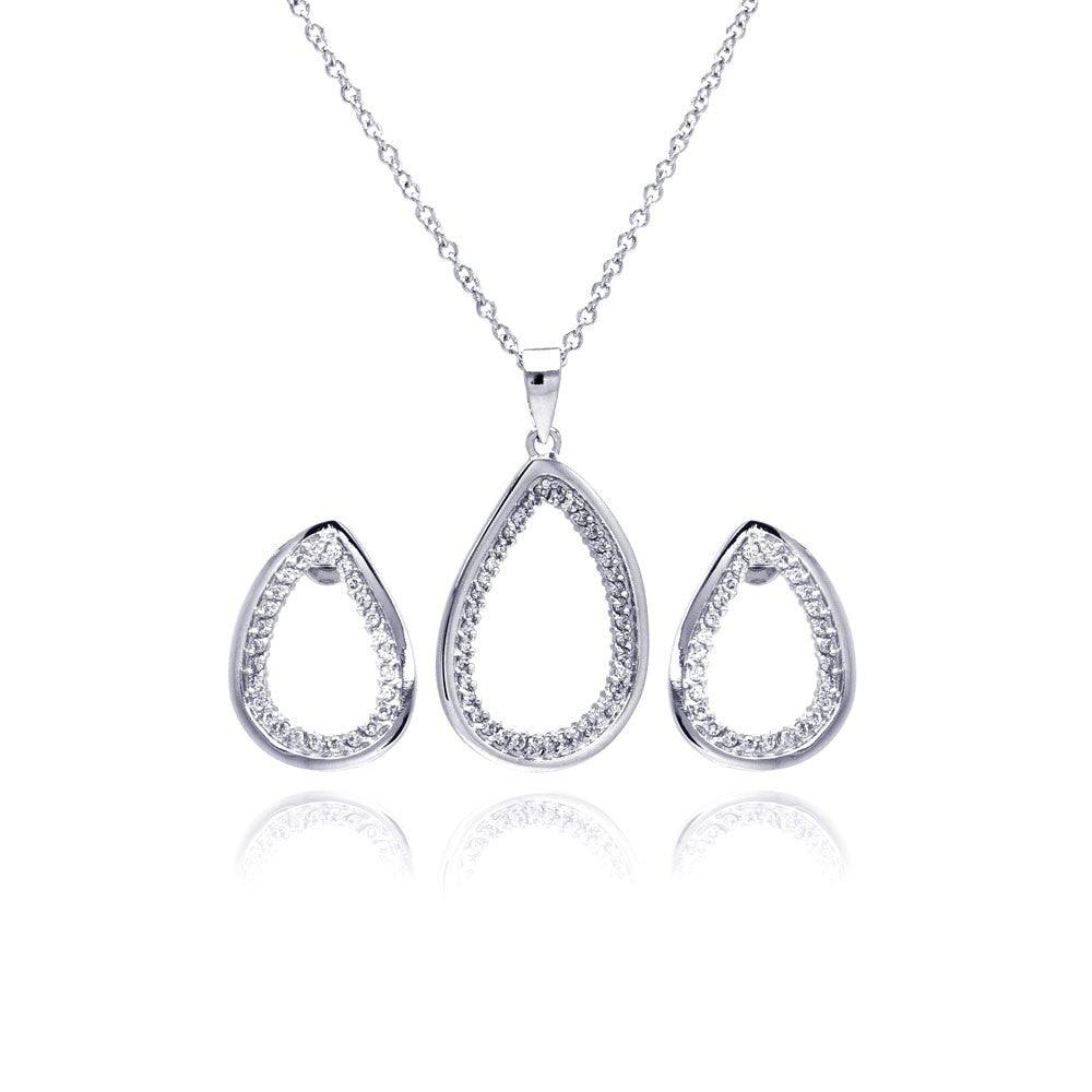 Silver 925 Rhodium Plated Clear Open Teardrop CZ Stud Earring and Necklace Set - BGS00175