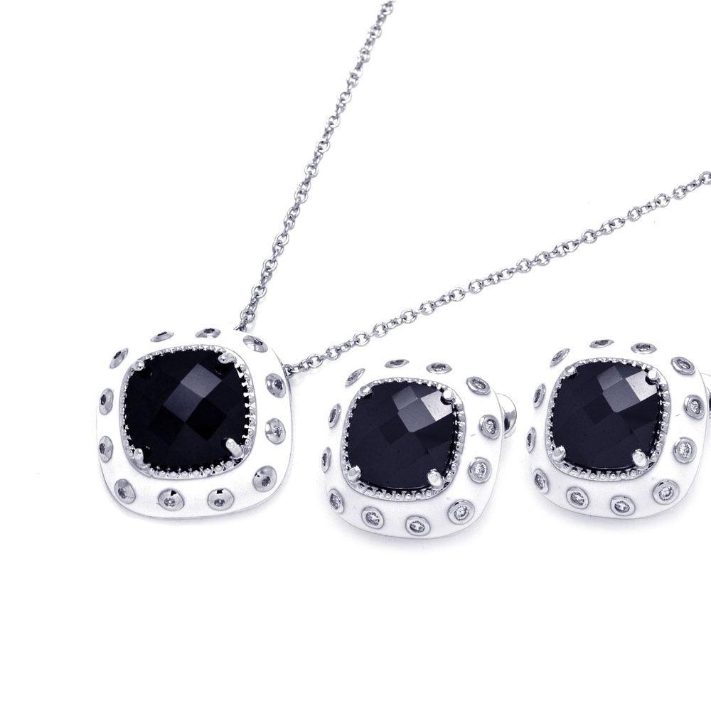 Closeout-Silver 925 Rhodium Plated White Enamel Black and Clear Square CZ Stud Earring and Necklace Set - BGS00176