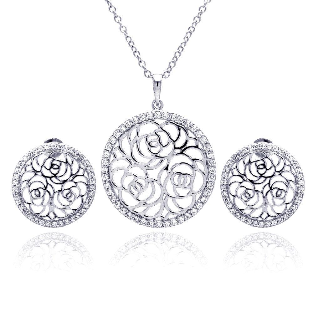 Silver 925 Rhodium Plated Flower Rose Outline Circle Clear CZ Stud Earring and Necklace Set - BGS00178