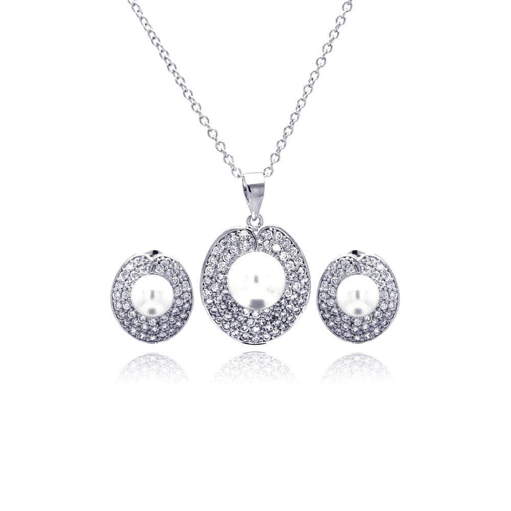 Silver 925 Rhodium Plated Pearl Round Disc Clear Pave Set CZ Stud Earring and Necklace Set - BGS00180