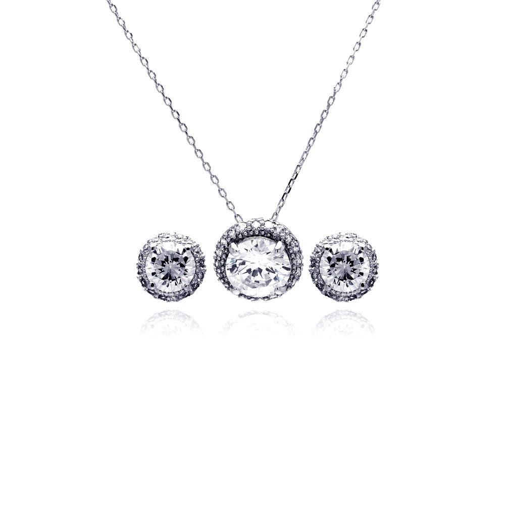 Silver 925 Rhodium Plated Clear Round Circle CZ Stud Earring and Necklace Set - BGS00183