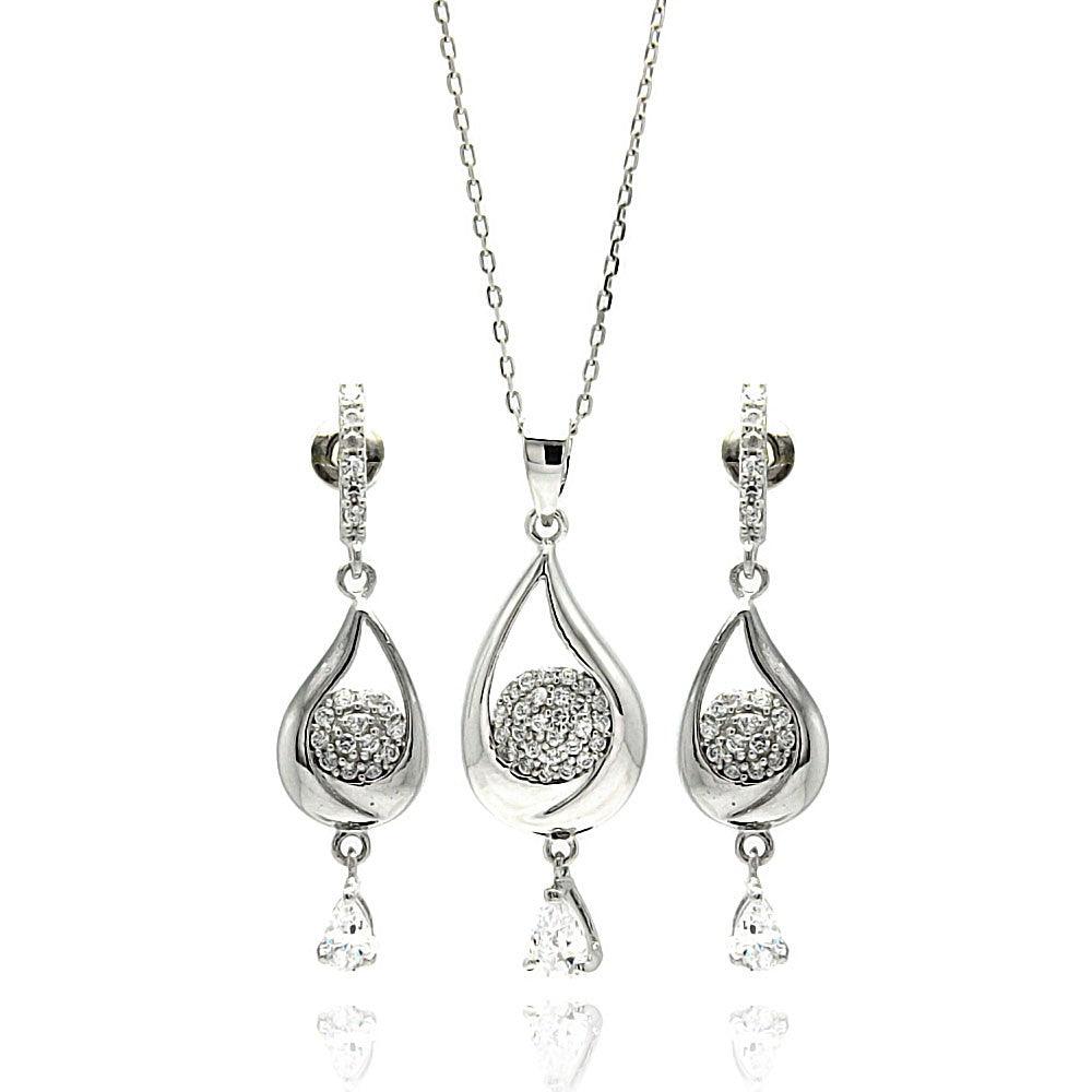 Silver 925 Rhodium Plated Teardrop Clear CZ Dangling Stud Earring and Dangling Necklace Set - BGS00210