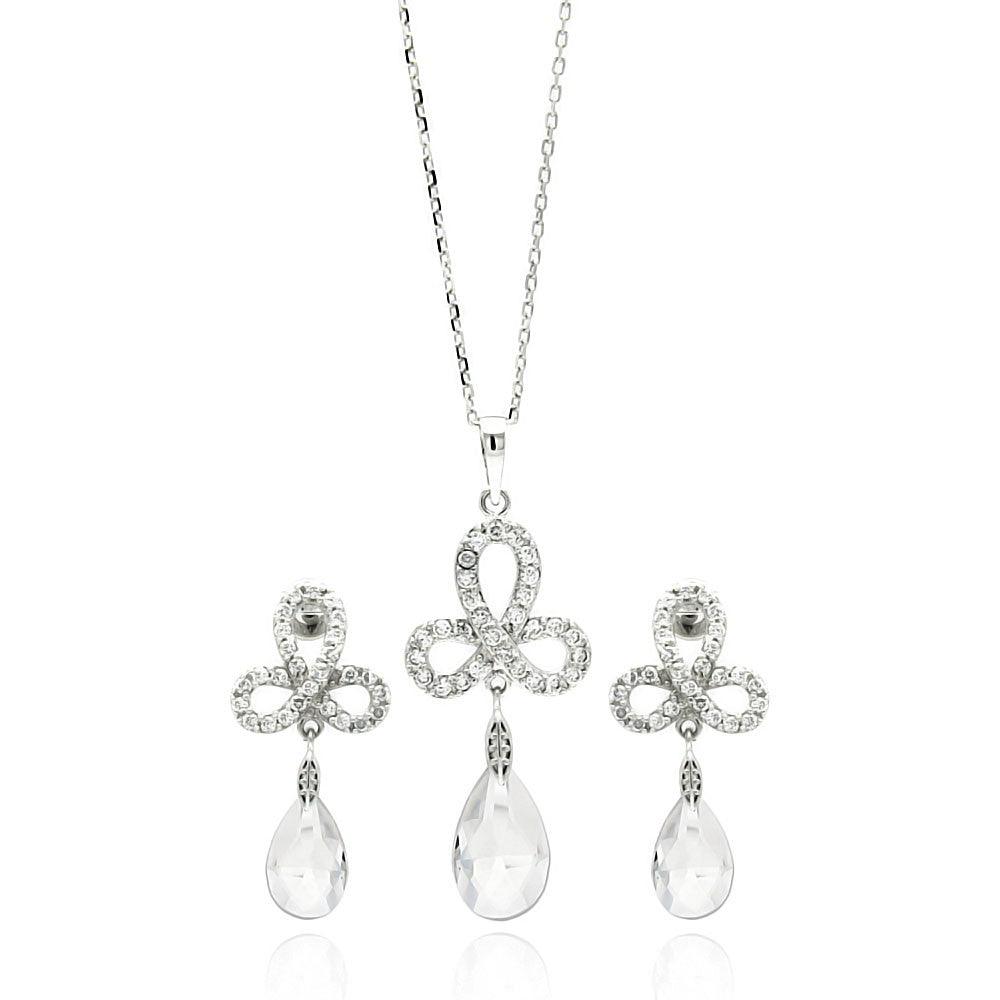 Silver 925 Rhodium Plated Clear Ribbon CZ Hanging Stud Earring and Necklace Set - BGS00211