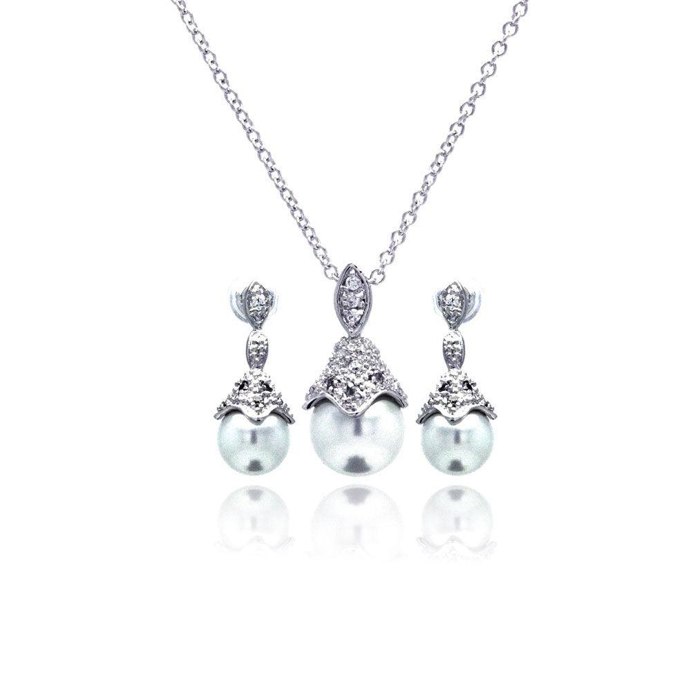 Silver 925 Rhodium Plated Pearl Drop Clear CZ Dangling Stud Earring and Necklace Set - BGS00212