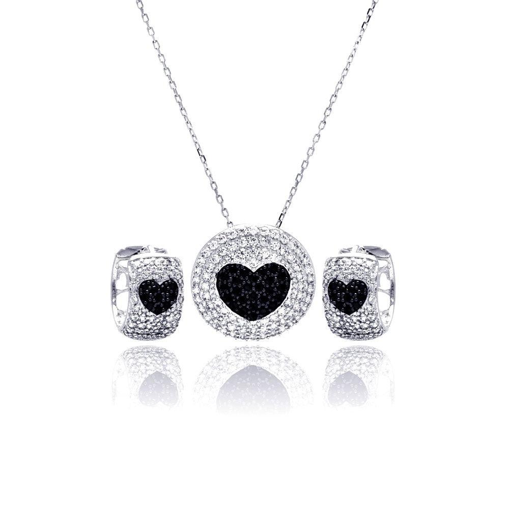 Silver 925 Rhodium and Black Rhodium Plated Clear and Black Heart Disc Rectangle CZ Set - BGS00214