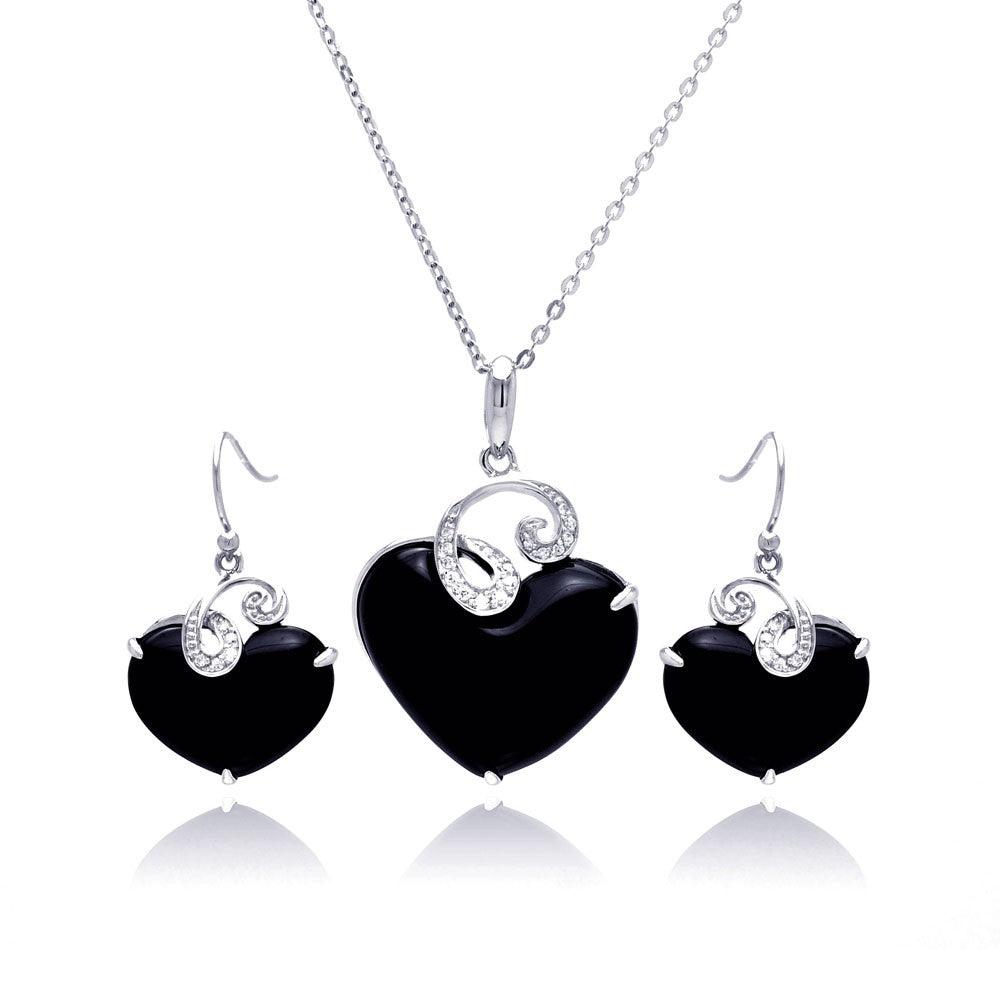 Closeout-Silver 925 Rhodium Plated Black Onyx Heart Clear Wave CZ Hook Earring and Hanging Necklace Set - BGS00218