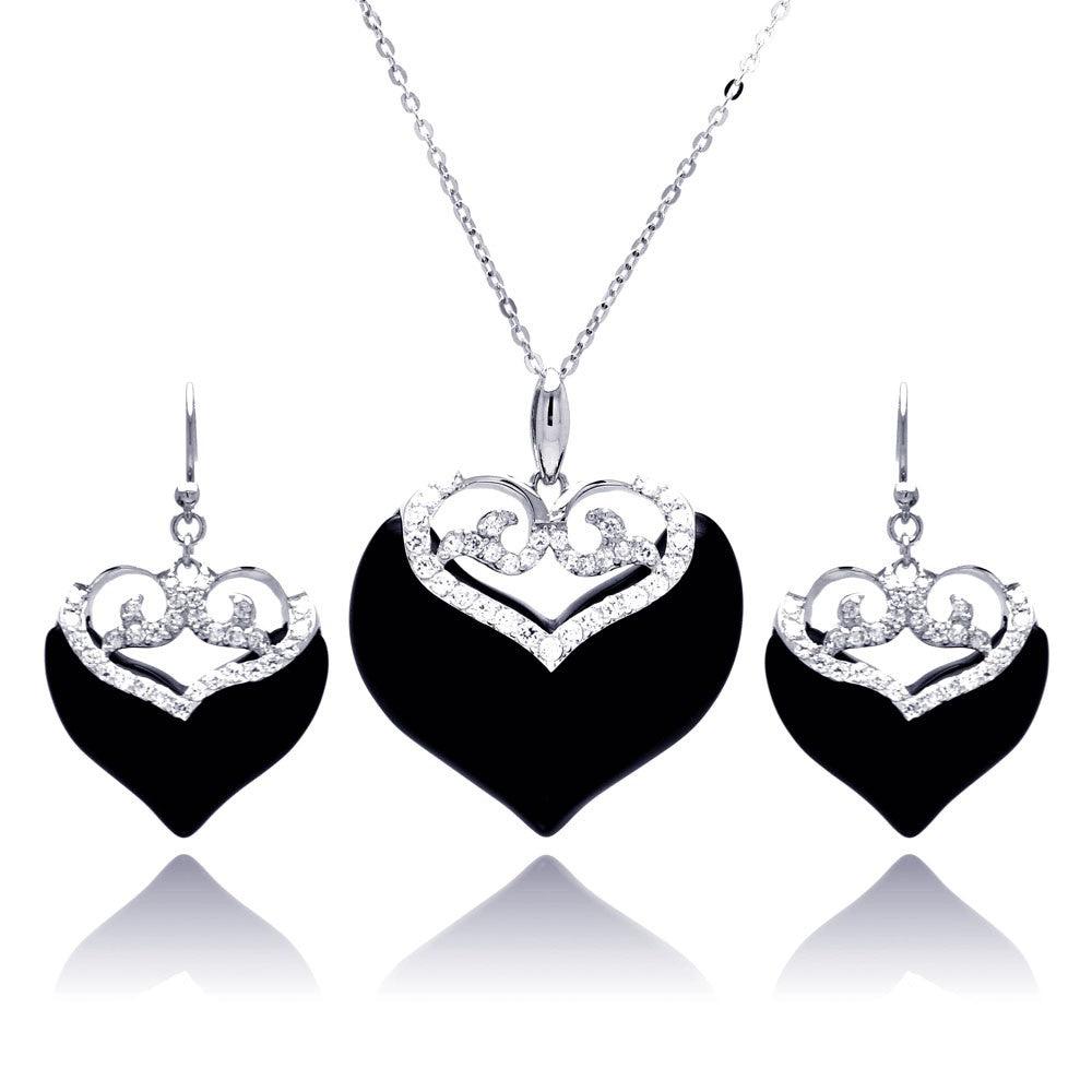 Closeout-Silver 925 Rhodium Plated Black Onyx Clear Double Heart CZ Hook Earring and Necklace Set - BGS00219