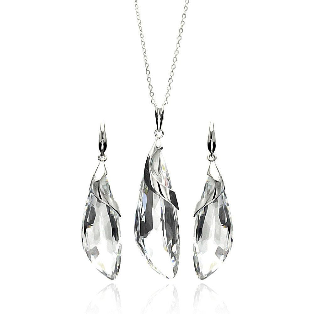 Silver 925 Rhodium Plated Clear Drop CZ Hook Earring and Necklace Set - BGS00221CLR