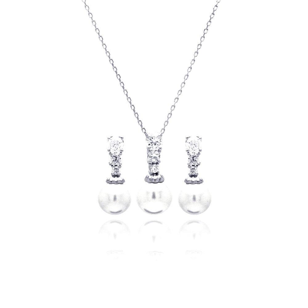 Silver 925 Rhodium Plated Pearl Clear CZ Hanging Stud Earring and Necklace Set - BGS00230