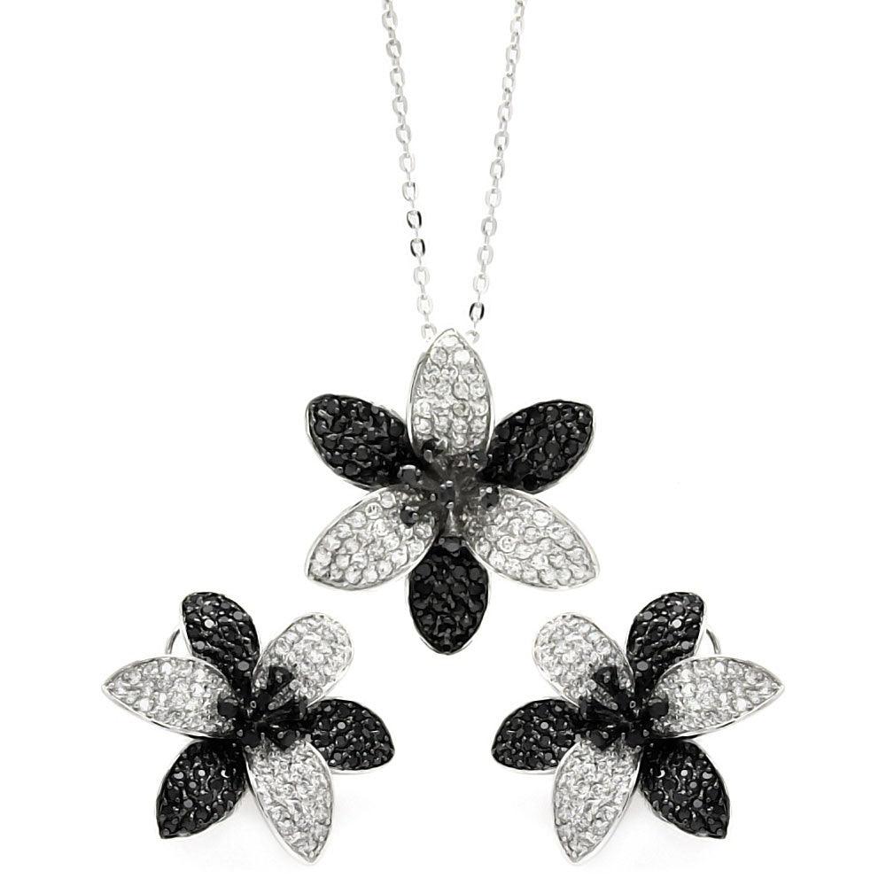 Closeout-Silver 925 Rhodium and Black Rhodium Plated Black and Clear Pave Set Flower CZ Stud Earring and Necklace Set - BGS00237