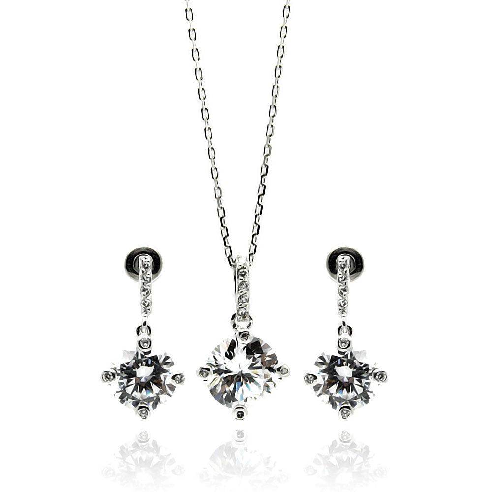 Silver 925 Rhodium Plated Clear Round CZ Dangling Stud Earring and Necklace Set - BGS00241