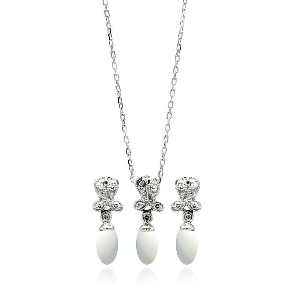 Silver 925 Rhodium Plated Fresh Water Pearl Flower Clear CZ Hanging Set - BGS00242