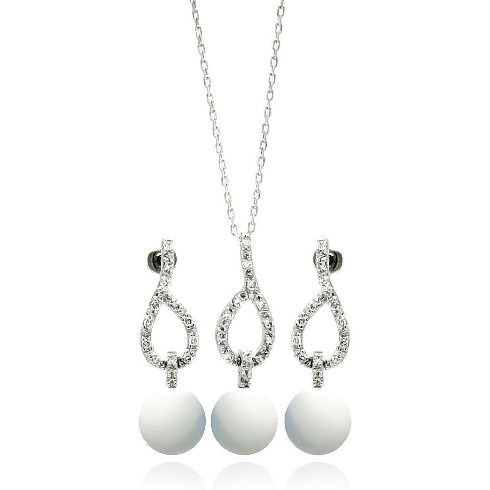 Silver 925 Rhodium Plated Pearl Clear Open Teardrop CZ Dangling Stud Earring and Dangling Necklace Set - BGS00243