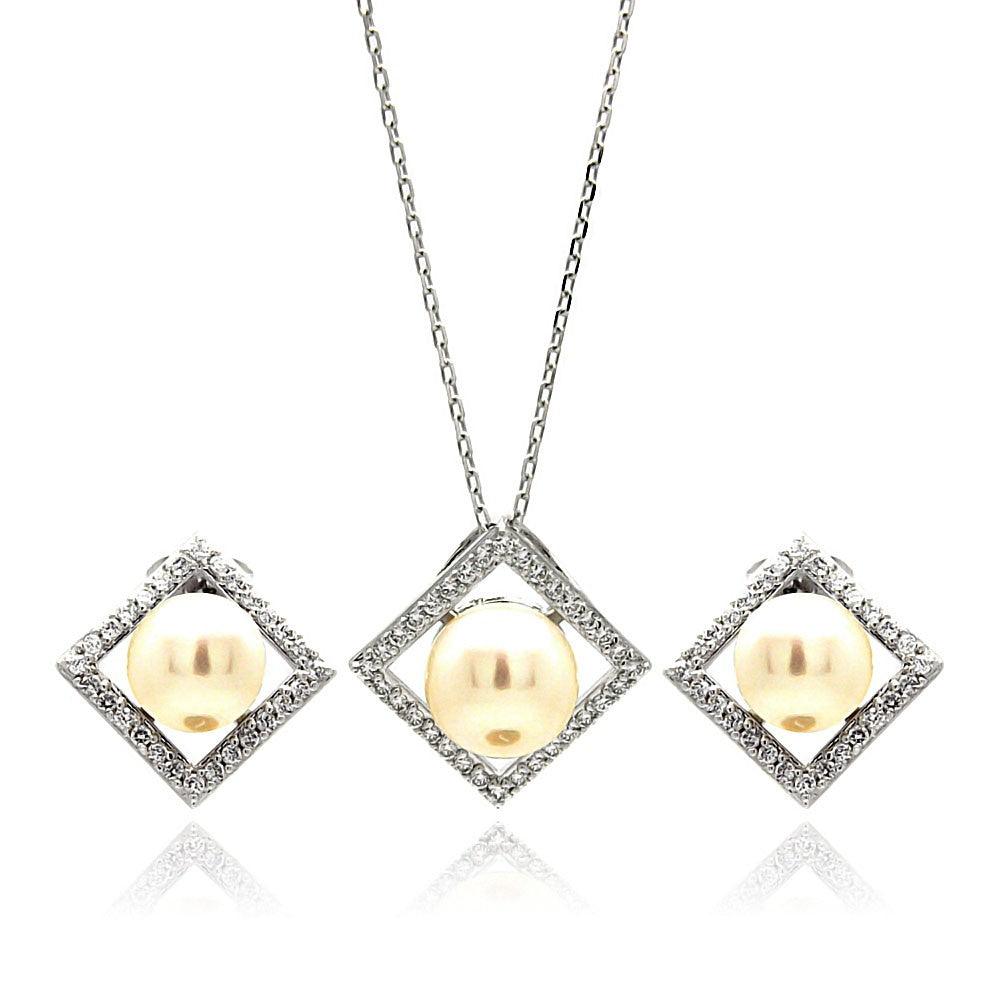 Silver 925 Rhodium Plated Fresh Water Pearl Square Diamond Shaped Clear CZ Set -  BGS00250