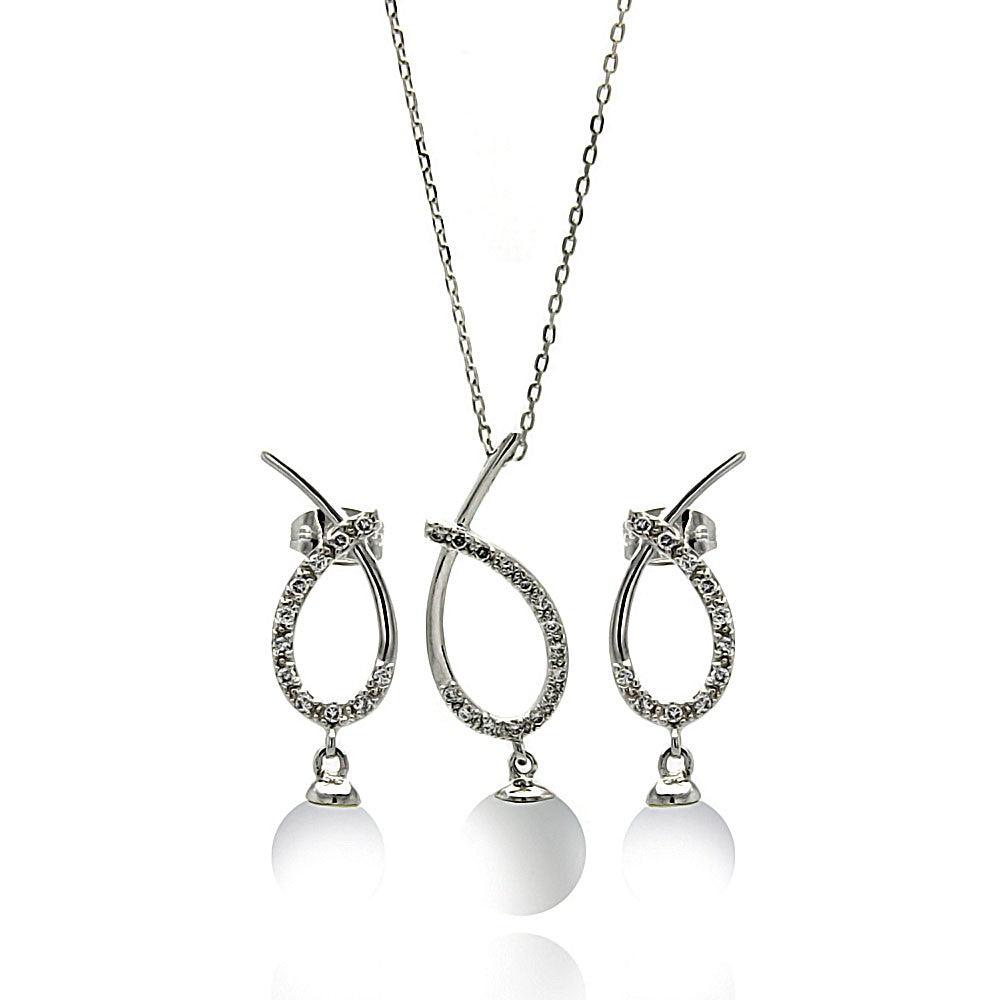 Silver 925 Rhodium Plated Clear Open Overlap Oval Teardrop Pearl CZ Hanging  Set - BGS00252