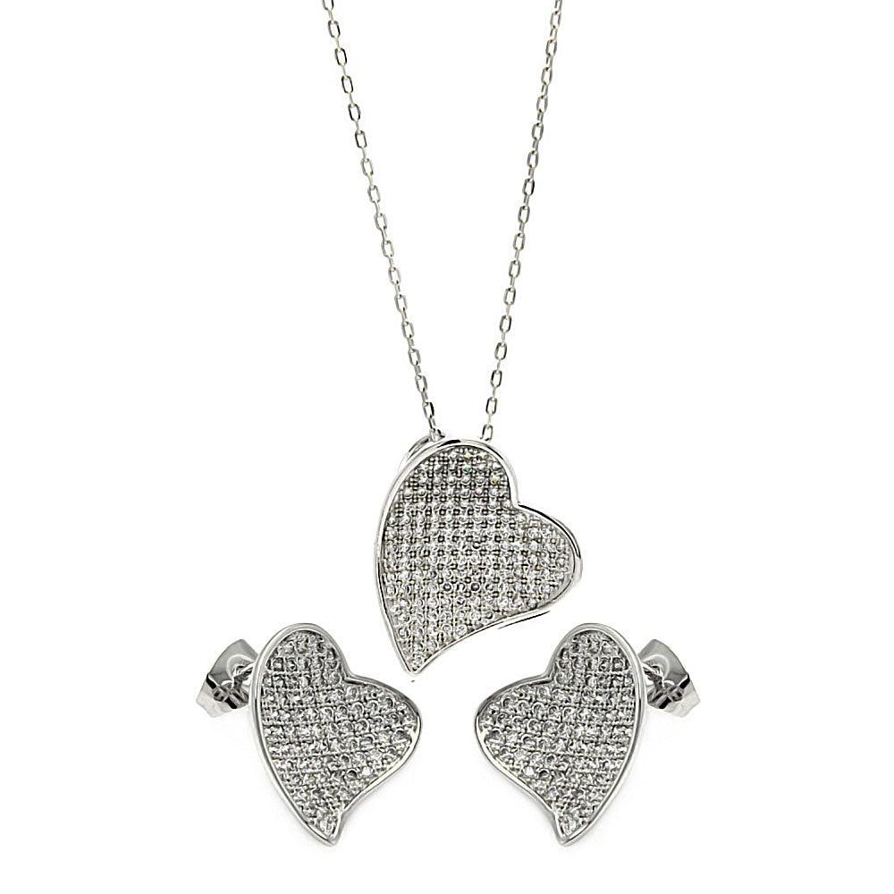 Silver 925 Rhodium Plated Micro Pave Clear Curl Heart CZ Stud Earring and Necklace Set - BGS00254