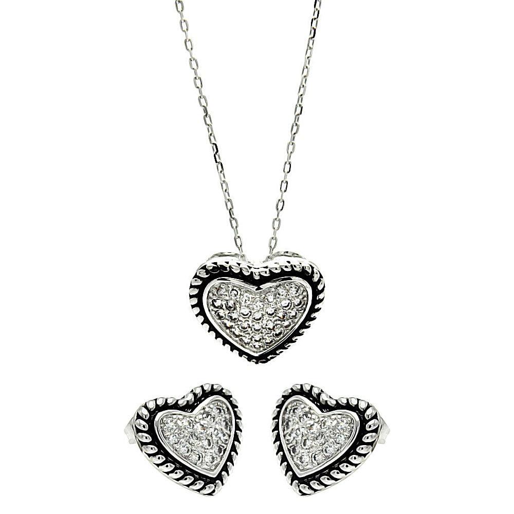 Silver 925 Rhodium and Black Rhodium Plated Bead Border Clear Heart CZ Stud Earring and Necklace Set - BGS00256