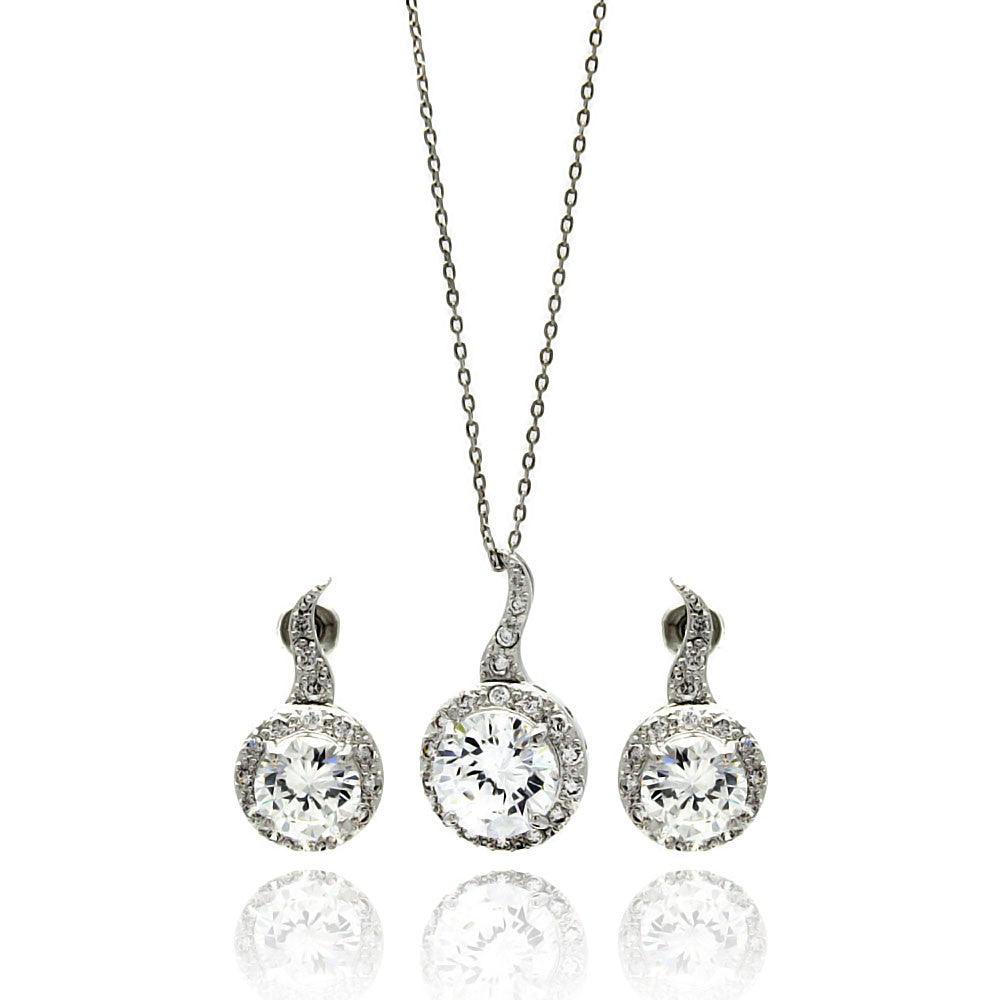 Silver 925 Rhodium Plated Clear Round CZ Hanging Stud Earring and Hanging Necklace Set - BGS00258