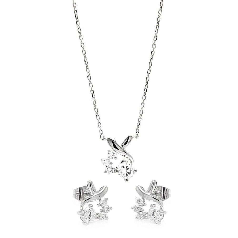 Silver 925 Rhodium Plated Individual Clear Twist Wrap CZ Stud Earring and Necklace Set - BGS00259