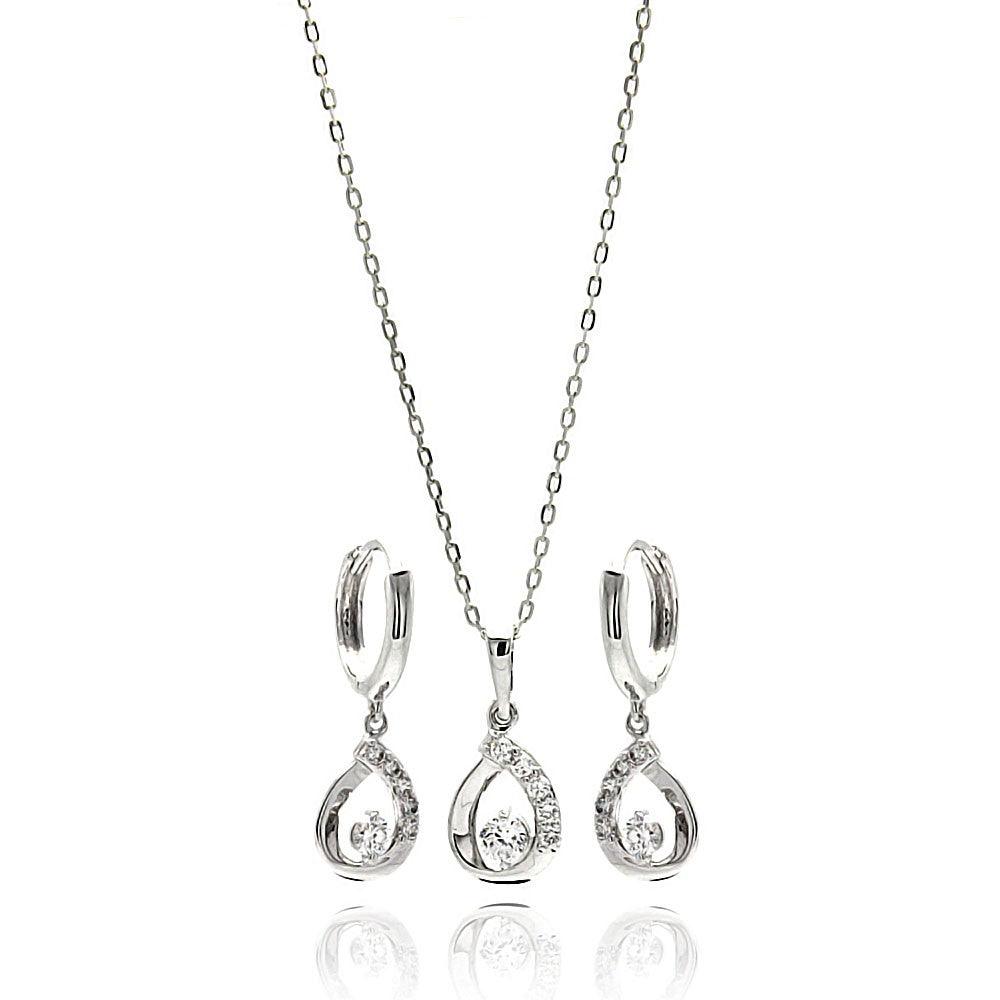 Silver 925 Rhodium Plated Open Teardrop Clear CZ Leverback Earring and Necklace Set - BGS00260