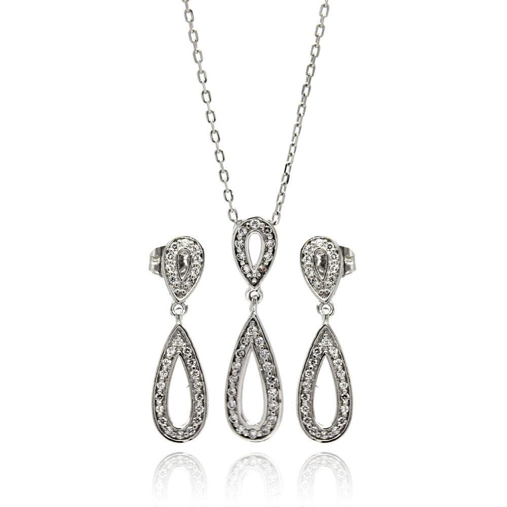 Silver 925 Rhodium Plated Clear Open Teardrop CZ Dangling Stud Earring and Dangling Necklace Set - BGS00261