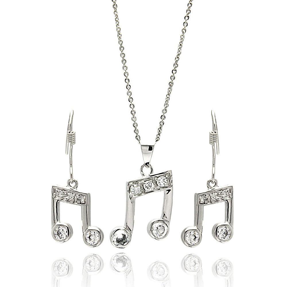 Silver 925 Rhodium Plated Musical Note Clear CZ Hook Earring and Dangling Necklace Set - BGS00265