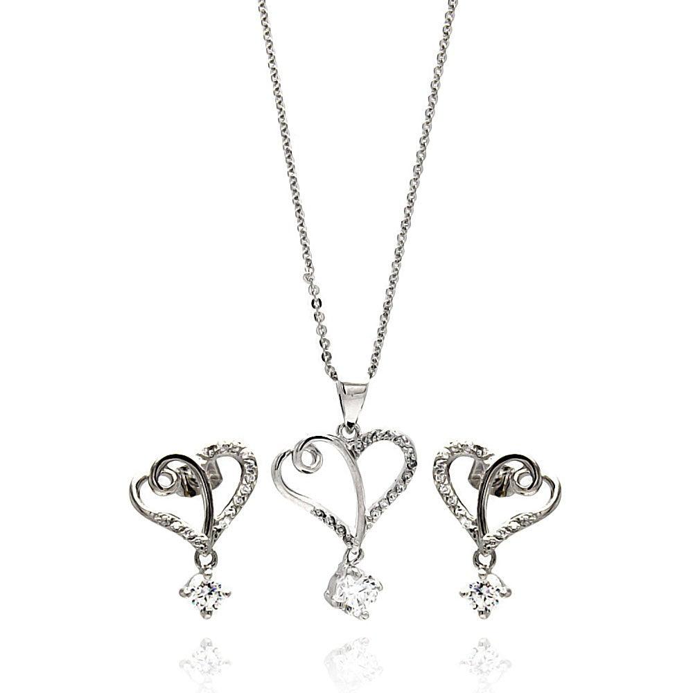 Silver 925 Rhodium Plated Clear Double Open Heart CZ Hanging Stud Earring and Hanging Necklace Set - BGS00266
