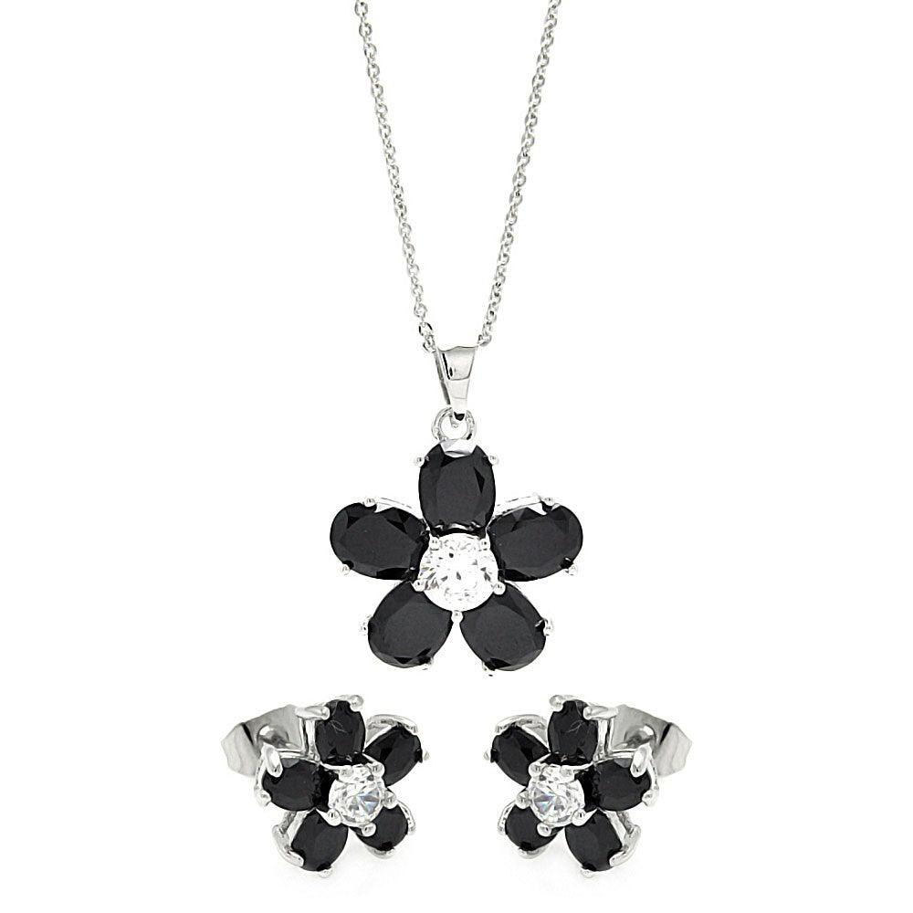 Silver 925 Rhodium Plated Black and Clear Flower CZ Set - BGS00267