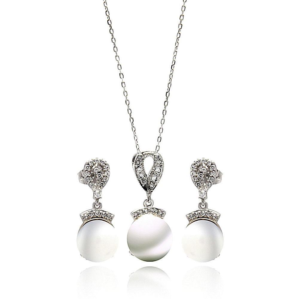 Silver 925 Rhodium Plated Fresh Water Pearl Drop Clear CZ Hanging Set - BGS00269