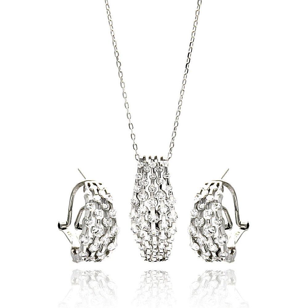 Silver 925 Rhodium Plated Multi Row Clear CZ French Clip Earring and Necklace Set - BGS00270