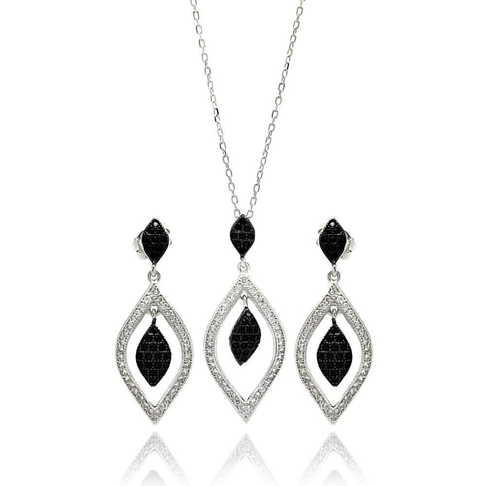 Silver 925 Rhodium Plated Black and Clear Open Marquise Teardrop CZ Set - BGS00271