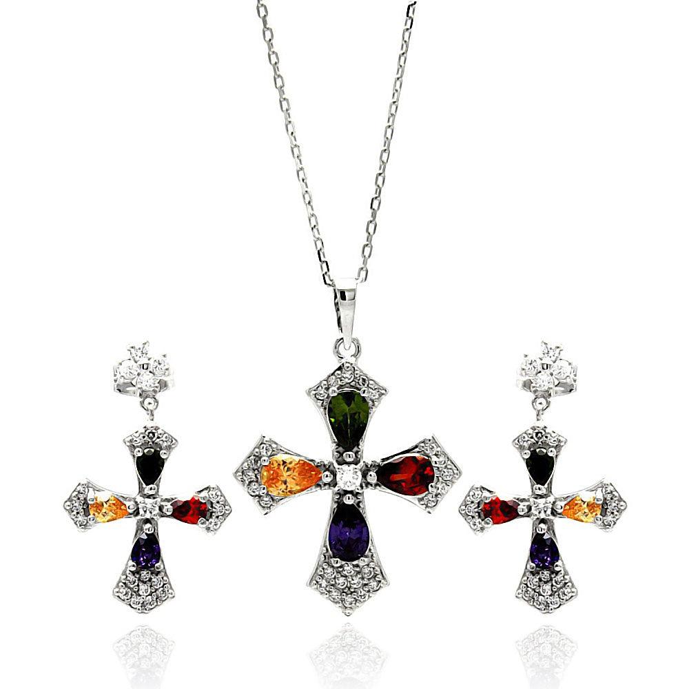 Silver 925 Rhodium Plated Multi Colored Cross CZ Hanging Stud Earring and Necklace Set - BGS00274